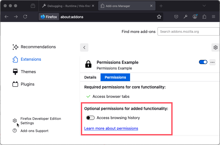 Example of an extension's options permissions tab highlighting the feature to grant or revoke an optional premission.