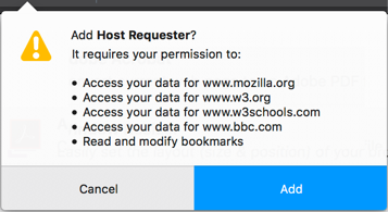 Example of the permissions message when host permission for four websites as requested
