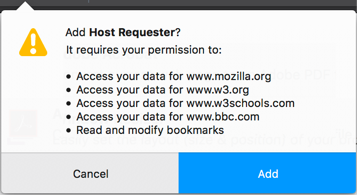 Example of the permissions message when host permission for four websites is requested.