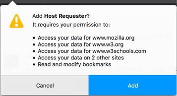 Example of the permissions message when hosts permission for 5 or more website is requested.