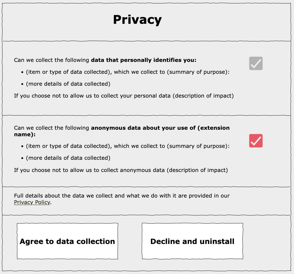 Mockup of a prompt that could be used when extension requires consent for processing personal and technical data.