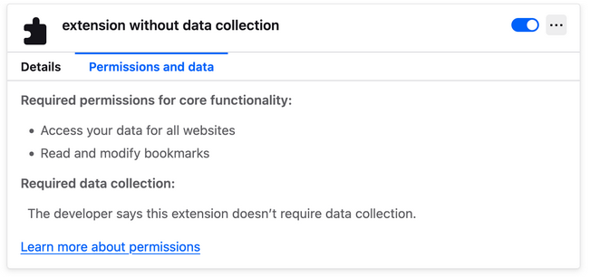 Figure 4: The "no data collected" permission is listed in about:addons