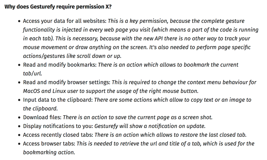 Extract from Gesturefy's AMO description providing information on the permissions requested by this extension