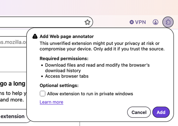 The install prompt in Firefox Nova for an unsigned extension installed from the Add-ons Manager, showing its permissions