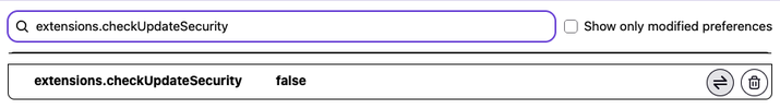 A preference set to false in about:config in Firefox Nova, with the toggle and delete buttons