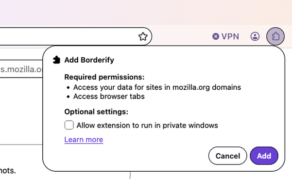The install prompt for the Borderify extension in Firefox Nova