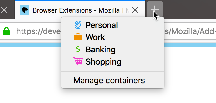 A screenshot of a container dropdown menu, which includes Personal, Work, Banking, and Shopping containers, and the option to Manage Containers Containers-screenshot