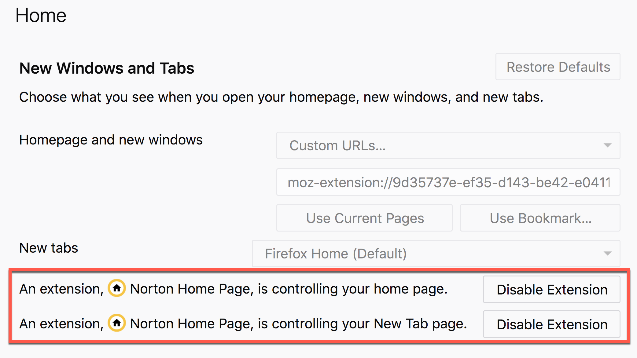 A screenshot of the user preferences screen for New Windows and Tabs, which shows an extension is controlling the user's home page and New Tab page. Extension-controlling-settings