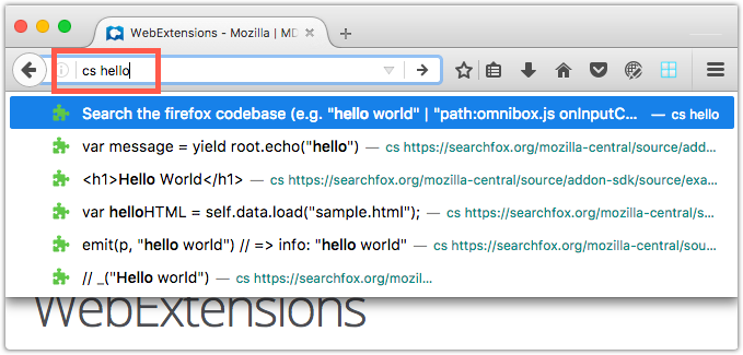 Example showing the result of the WebExtension's customization of the address bar suggestions.