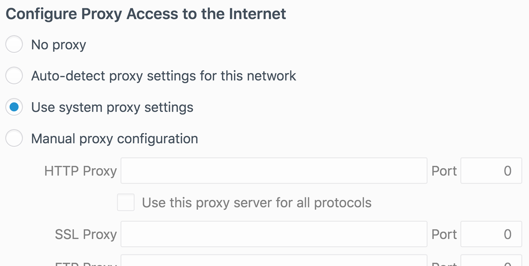 A screenshot of a configuration page for setting proxy access to the Internet Proxy-settings-screenshot