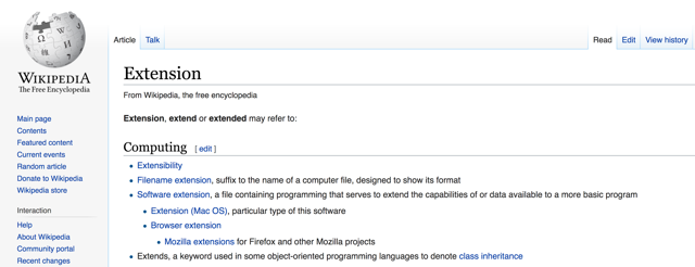 A screenshot of the Wikipedia entry for Extension Search-extension-screenshot
