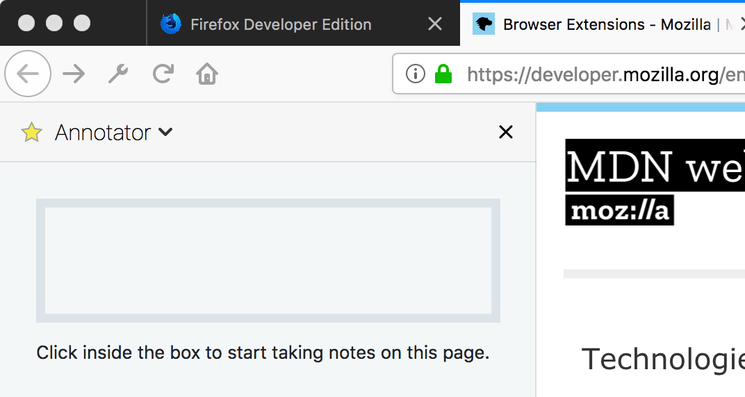 A screenshot of the Annotator extension, which adds a sidebar to the browser window and lets users write text in a box Sidebar-screenshot